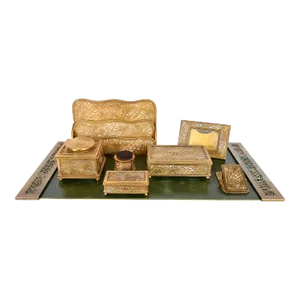 Tiffany Studios New York Pine Needle Bronze Doré and Slag Glass Eight-Piece Desk Set, Circa 1910