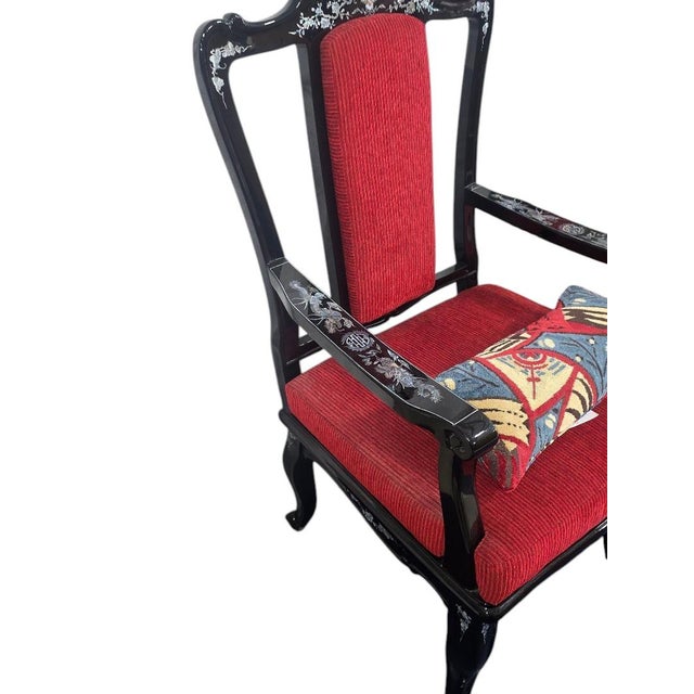 Pair of Vintage Asian Black Lacquer Armchairs With Mother-of-Pearl Inlay – Dragon & Phoenix Motif For Sale - Image 4 of 5
