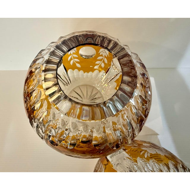 Glass Pair of Vintage Huta Julia Poland Amber Cut-to-Clear Crystal Orb Bowls For Sale - Image 7 of 12