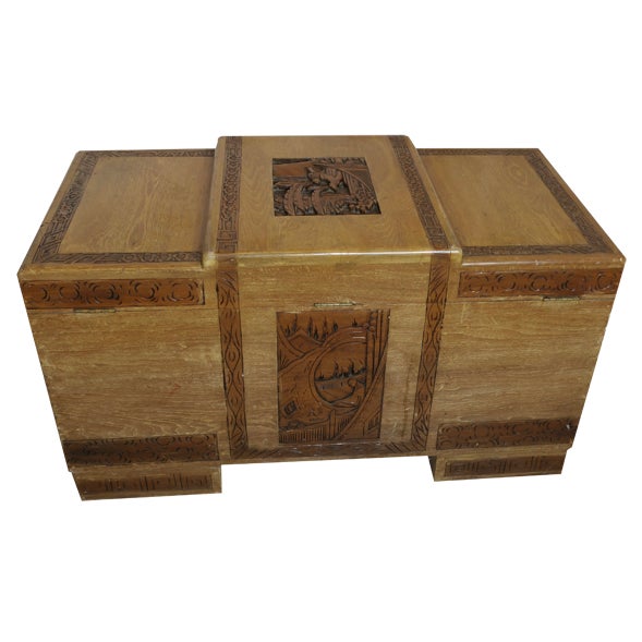 Art Deco Limed Oak & Carved Camphor Wood Chest, 1930s For Sale