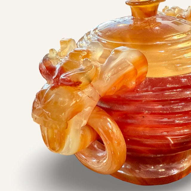 Red 19th Century Carved Asian Carnelian (Agate) Vessel With Dragon Handles and Rings For Sale - Image 8 of 8