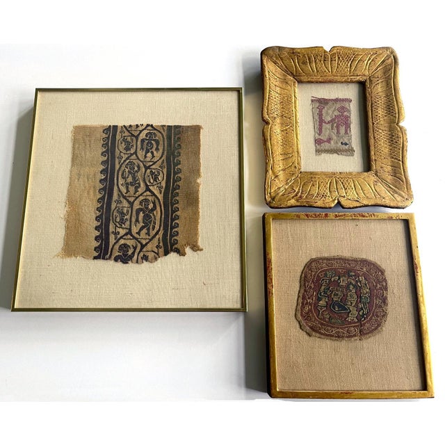 Asian Antique Collection of Three Framed Coptic Textile Fragments For Sale - Image 3 of 13