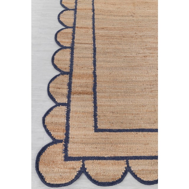 Boho Chic Navy Jute Wool Premium Handwoven Scalloped Rug 3x12 Ft. For Sale - Image 3 of 13