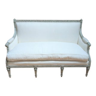19th Century Antique Carved Frame and White Linen Settee For Sale