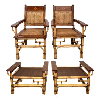 Vintage Bamboo, Rattan & Wood Lounge Chairs With Ottomans, Set of 4 For Sale