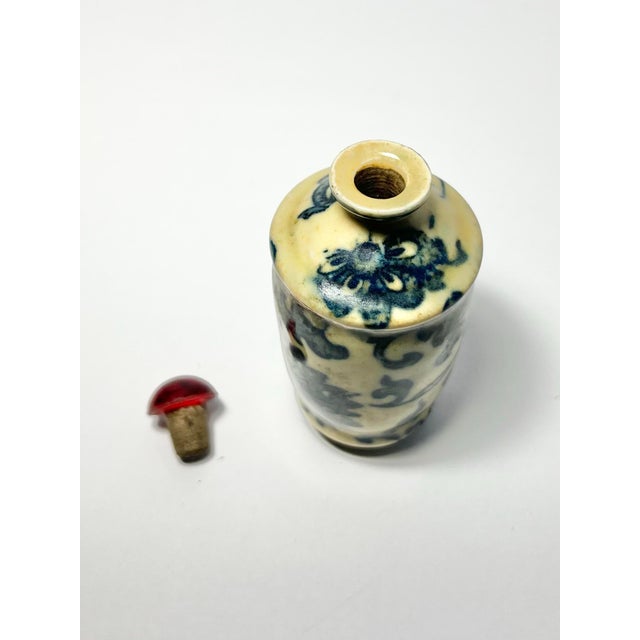 Ceramic Antique Chinese Yellow Porcelain Blue Floral Flowers Snuff Bottle For Sale - Image 7 of 10