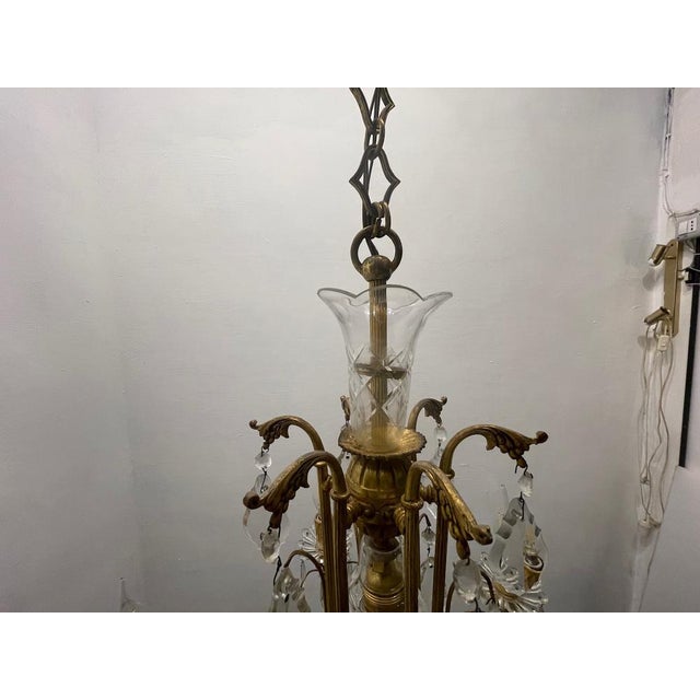 Metal Large Brass and Crystal Chandelier, 1950s For Sale - Image 7 of 15
