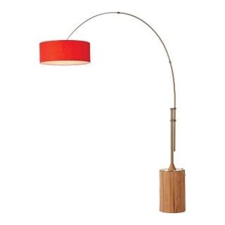1980s 92-Inch Adjustable Nova of California Tambo Brass Floor Lamp - Mid Century Modern, Crimson Red, Light Wood Base, Weathered Brass, Dimmable For Sale