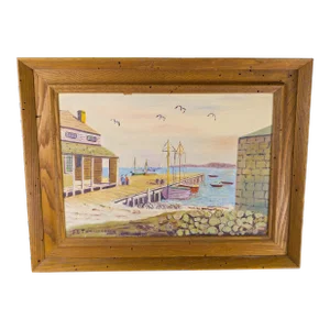 20th Century Oil Painting of a Nautical Harbor Scene With Boats, Signed