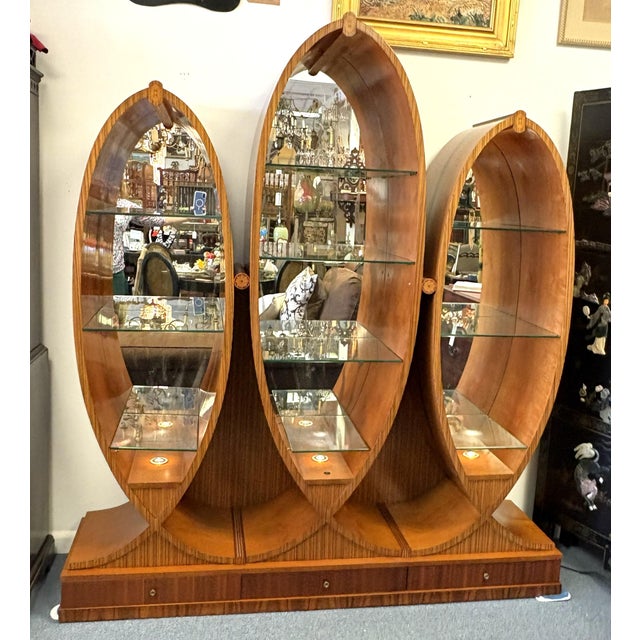 Vintage Art Deco Style Fan & Feather Shaped Three Section Lighted Display Cabinet For Sale - Image 15 of 18