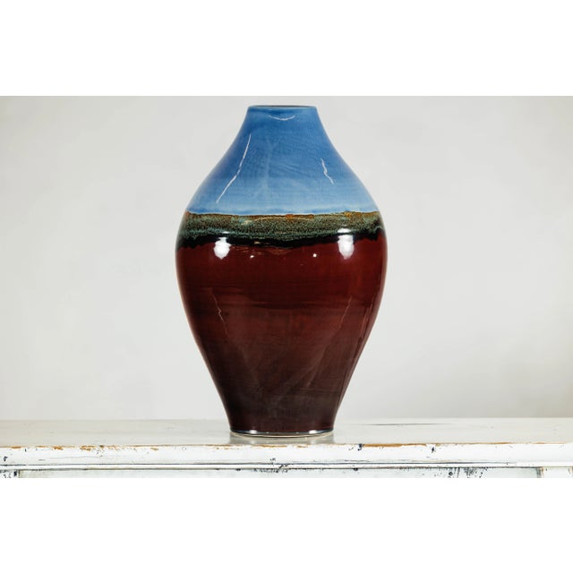 Blue Large Glazed Ceramic Vase with Blue, Green, and Brown Tones For Sale - Image 8 of 12