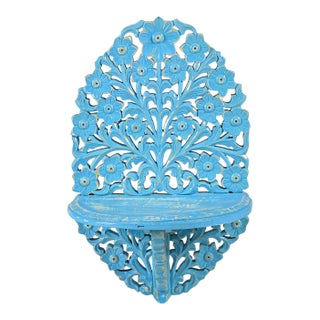 Hand Carved Wood Wall Shelf With Lattice Detail | Rustic Farmhouse Floating Display | 24" Distressed Boho Hanging Shelf for Entryway Decor For Sale