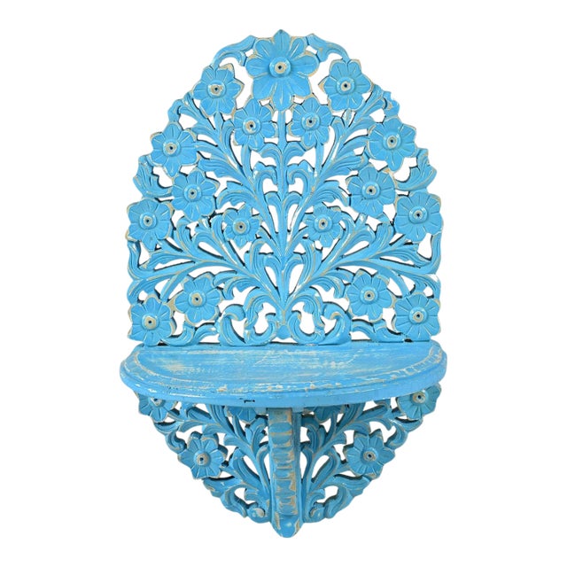 Hand Carved Wood Wall Shelf With Lattice Detail | Rustic Farmhouse Floating Display | 24" Distressed Boho Hanging Shelf for Entryway Decor For Sale