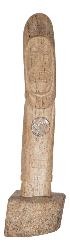 Midcentury Carved Inuit TOTEM in Birch with Circular Mother-of-Pearl Inlay