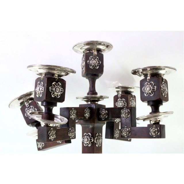4-Arm Candelabra in Rosewood with Silver Applications For Sale - Image 5 of 8
