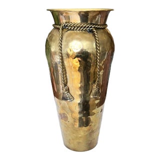 Italian Hollywood Regency Brass Trompe l'Oeil Ribbon Tassel Vase or Urn For Sale