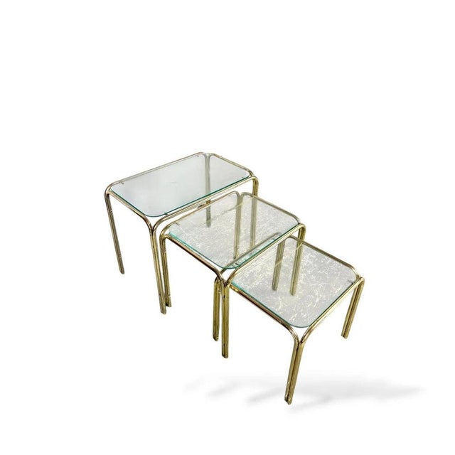 Mid-Century Hollywood Regency Brass and Glass Nesting Tables, 1970s, Set of 3 For Sale - Image 4 of 9