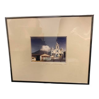 Church and Volcano at Banos, Ecuador Photograph Signed Matted Framed 1989 For Sale