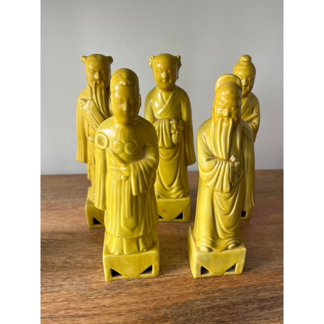 Saffron Mid 20th Century Taoist Immortals in Golden Yellow-Set of Five Figures For Sale - Image 8 of 12