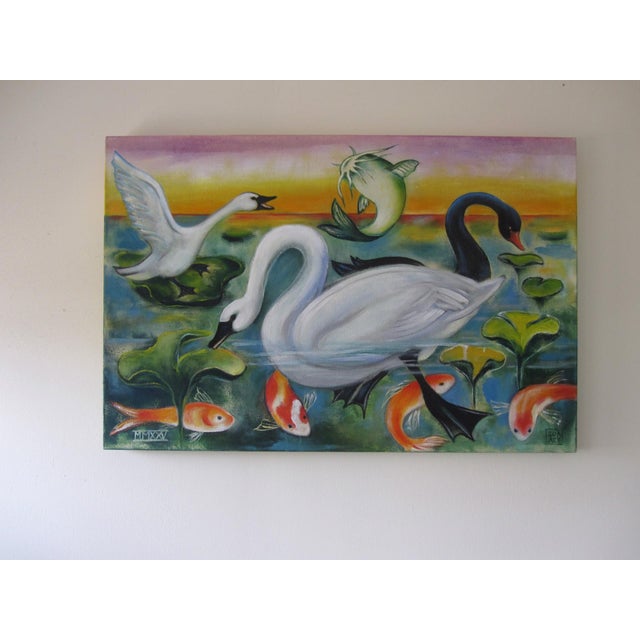 The artwork depicts a vibrant lagoon scene, featuring graceful swans gliding through water adorned with lily pads, while...