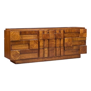 Lane Staccato Brutalist Mid Century Walnut Lowboy Dresser For Sale