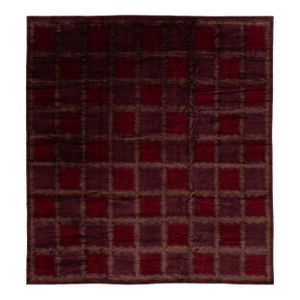 Modern Red Tibetan Rug Made From Wool and Silk Featuring a Check Pattern