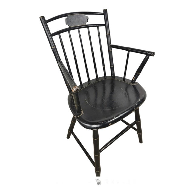 Vintage Black Painted Windsor-Style Armchair With Gold Pinstriping and Tablet Back For Sale