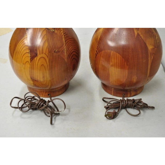 Vintage Mid Century Modern Bulbous Sculpted Swedish Pine Wood Table Lamps, Pair For Sale - Image 10 of 12
