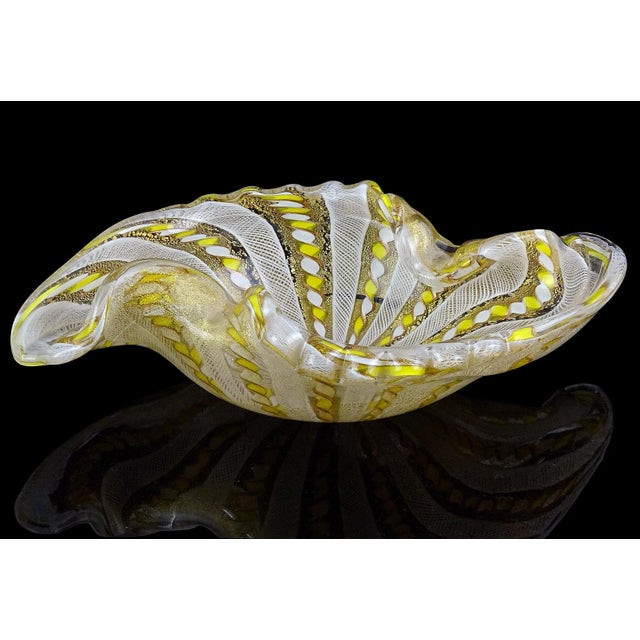Murano Fratelli Toso Yellow White Twisting Ribbons Gold Flecks Vintage Italian Art Glass Decorative Bowl For Sale In Orlando - Image 6 of 9