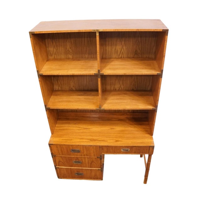 Late 20th Century Dixie Furniture Campaigner Collection Walnut 46" Student Writing Desk W. Bookcase Hutch Top 767-532 / 767-543 For Sale - Image 5 of 15