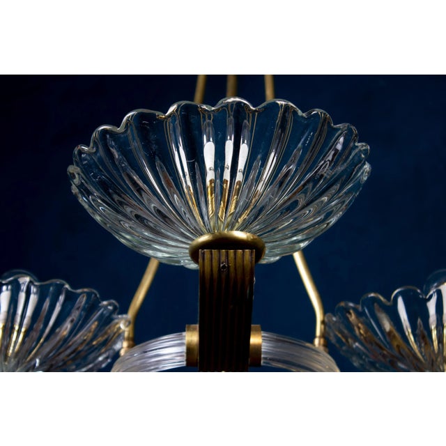 Art Deco Brass Mounted Murano Glass Chandelier attributed to Barovier, 1940s For Sale - Image 3 of 8