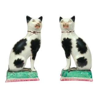 Pair of Staffordshire Pottery Seated Cats on Cushions For Sale