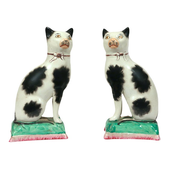 Pair of Staffordshire Pottery Seated Cats on Cushions For Sale