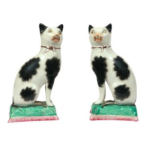 Pair of Staffordshire Pottery Seated Cats on Cushions