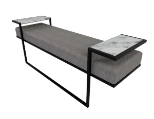 Industrial Style Eros Bench in Blackened Steel, Marble Tray & Jasper Fabric by Casa Botelho