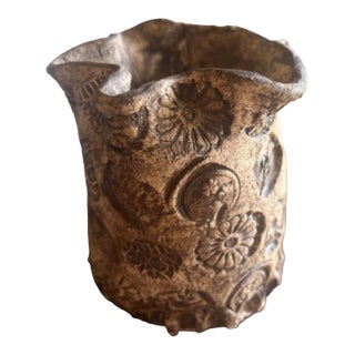Handmade Rustic Floral-Stamped Pottery Pitcher/Pot Artsy Catchepot For Sale