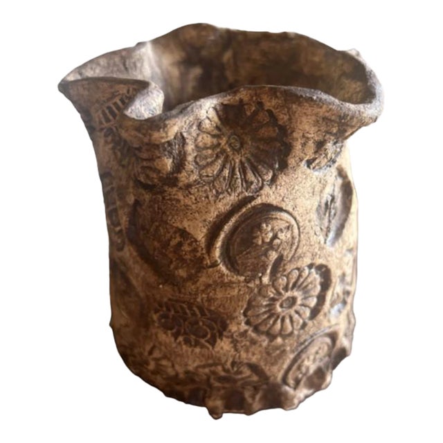Handmade Rustic Floral-Stamped Pottery Pitcher/Pot Artsy Catchepot For Sale