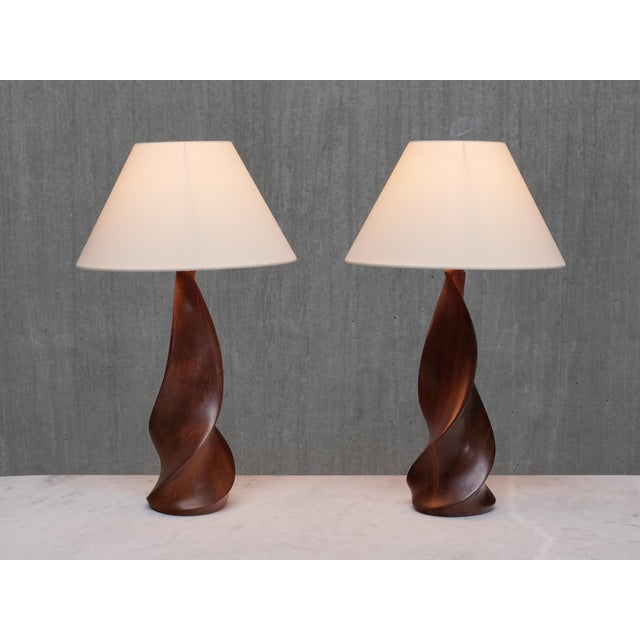 Wood Sculptural Table Lamps in Mahogany by Claude Chauvy, France, 1950s, Set of 2 For Sale - Image 7 of 17