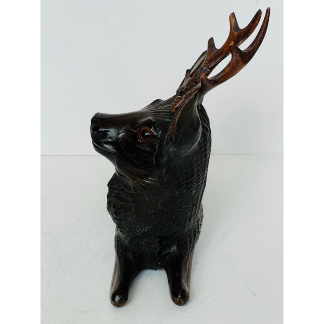 1940s Vintage Black Forest Style Hand Carved Wood Stag Deer Sculpture With Antlers For Sale - Image 5 of 12