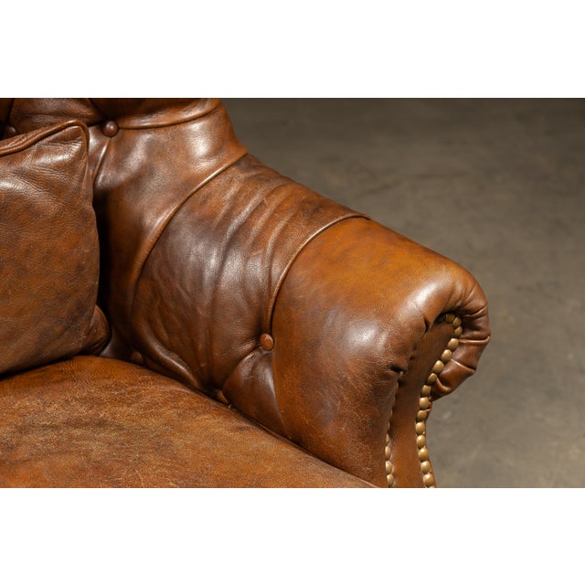 Vintage Tufted Leather Highback Armchair With Lumbar Pillow in Brown For Sale - Image 10 of 11