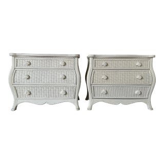 Vintage Coastal Palm Beach Woven Wicker Rattan Three- Drawers Shell Pulls Nightstands - a Pair For Sale