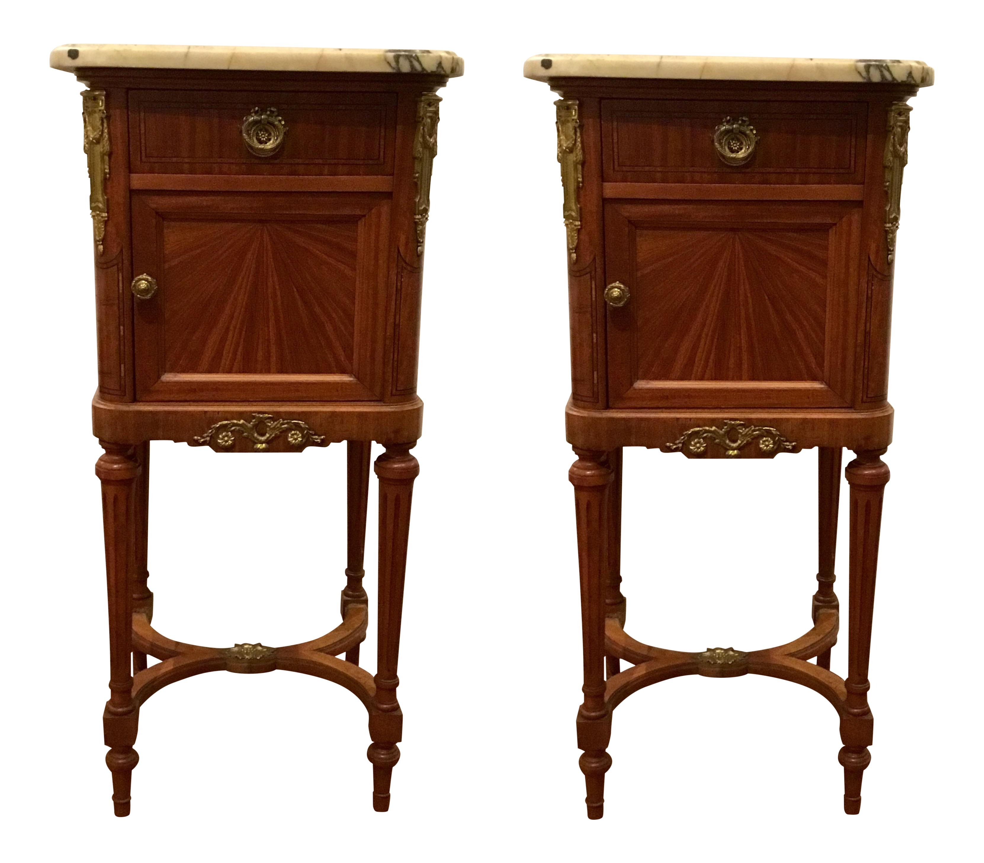 Antique French Chamber Pot Wood And Marble Bedside Commodes Pair