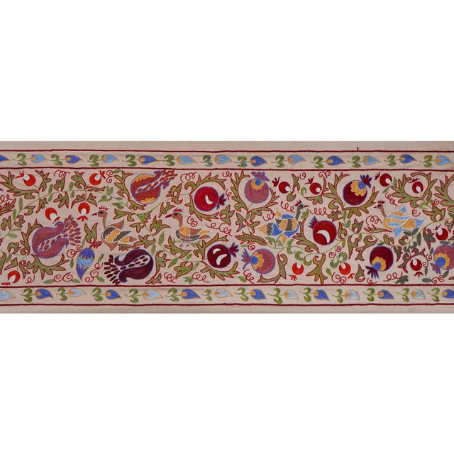 Floral Suzani Embroidery - Silk Cotton Blend Bird Table Runner Tapestry 1'8'' X 6'3'' For Sale - Image 4 of 12