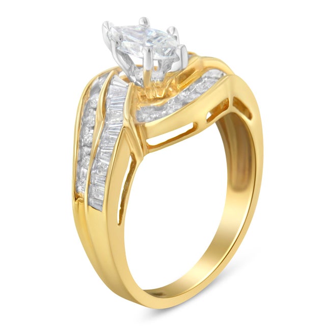 Haus of Brilliance 14KT Two-Toned Gold Marquise, Baguette and Round Cut Diamond Bypass Ring (1 cttw, H-I Color, SI1-SI2 Clarity) - Size 7 For Sale - Image 4 of 6