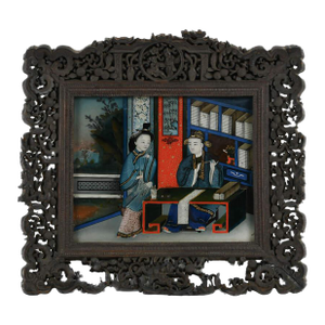 Antique 19th-Century Chinese Reverse Painting on Glass in Frame