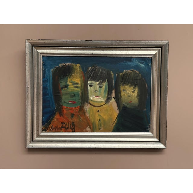 Louis Zelig, Three Little Children, 1960s, Oil Painting on Panel, Framed For Sale - Image 6 of 13