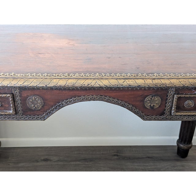 Boho Chic Vintage Mid-Century South Asian Hand Carved Wood and Brass Desk For Sale - Image 3 of 11