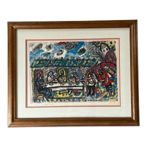 Original Mid Century Framed Lithograph Entitled the Seder Table by Shemuel Boneh