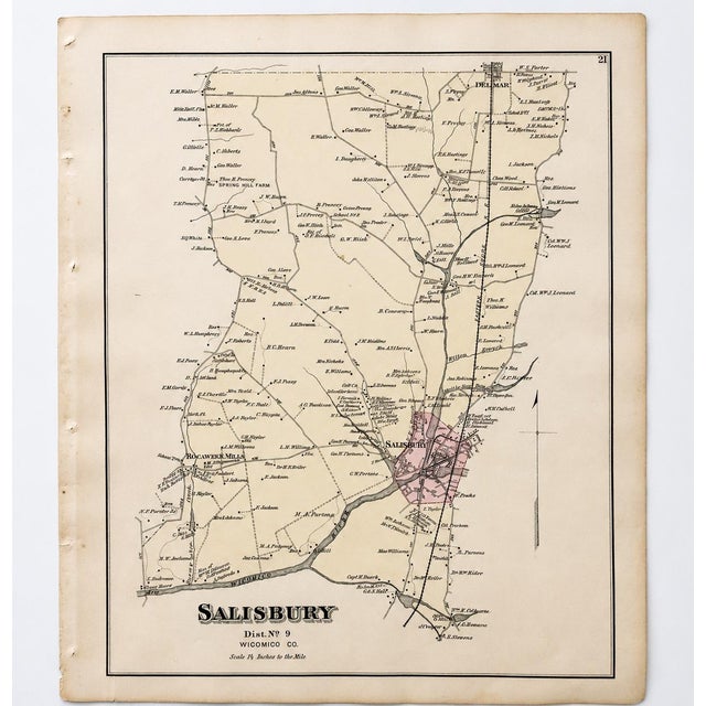 Original engraving showing the area around Salisbury, Maryland, detailing local roads, properties, and the Wicomico River....