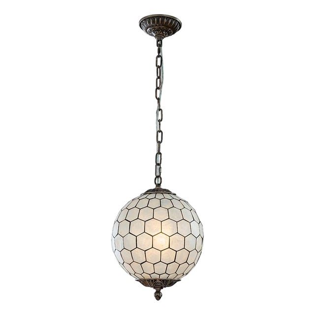 Vintage Aloadecor 1-Light 12'' Brass French Vintage Cosatal Glam Chandelier With Natural Capiz Shell Globe Lantern Hanging Light For Sale